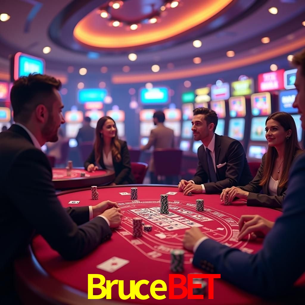 Escena dinámica inspirada en casino con iluminación Brucebet, cartas, fichas e íconos de juegos digitales en un espacio moderno de juegos.