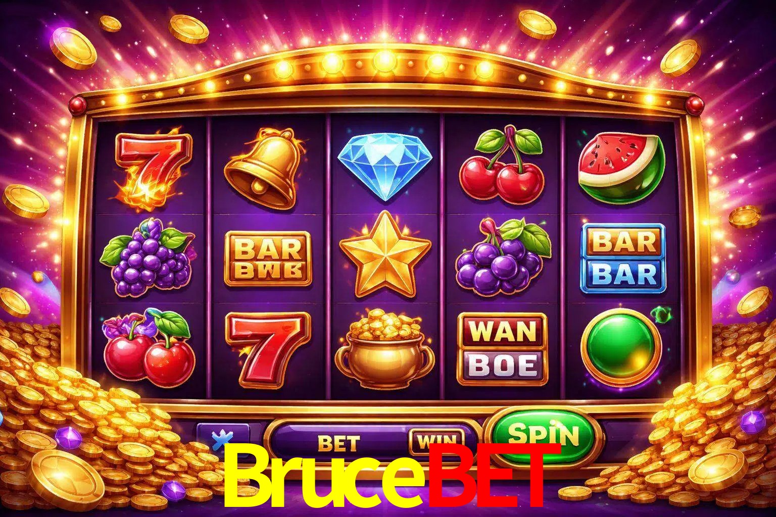 Una interfaz colorida de tragamonedas en línea con símbolos brillantes, monedas y un efecto de victoria celebratoria en Brucebet.