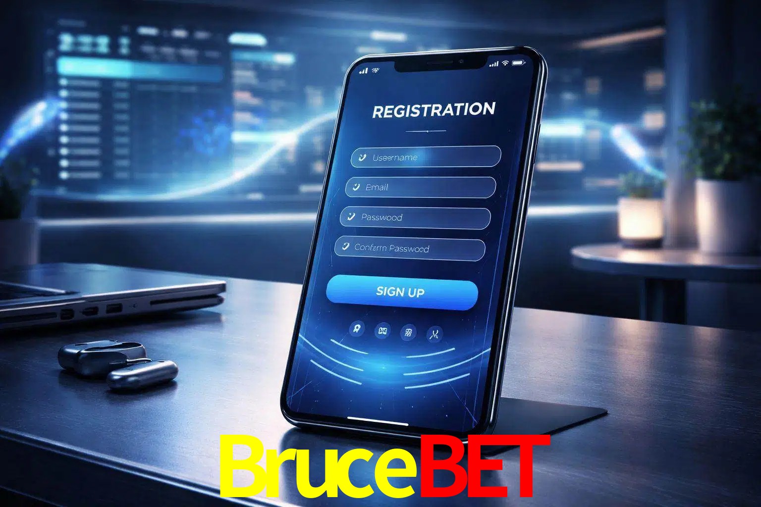 Una interfaz moderna de registro móvil para Brucebet mostrada en un smartphone con un panel de apuestas elegante.